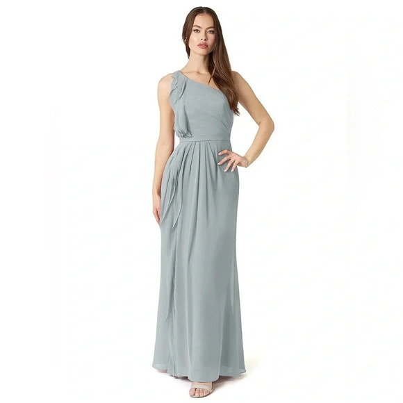 NWT Azazie Sharon A-Line One Shoulder Chiffon Gown Size 12 gray fog formal - Picture 1 of 10